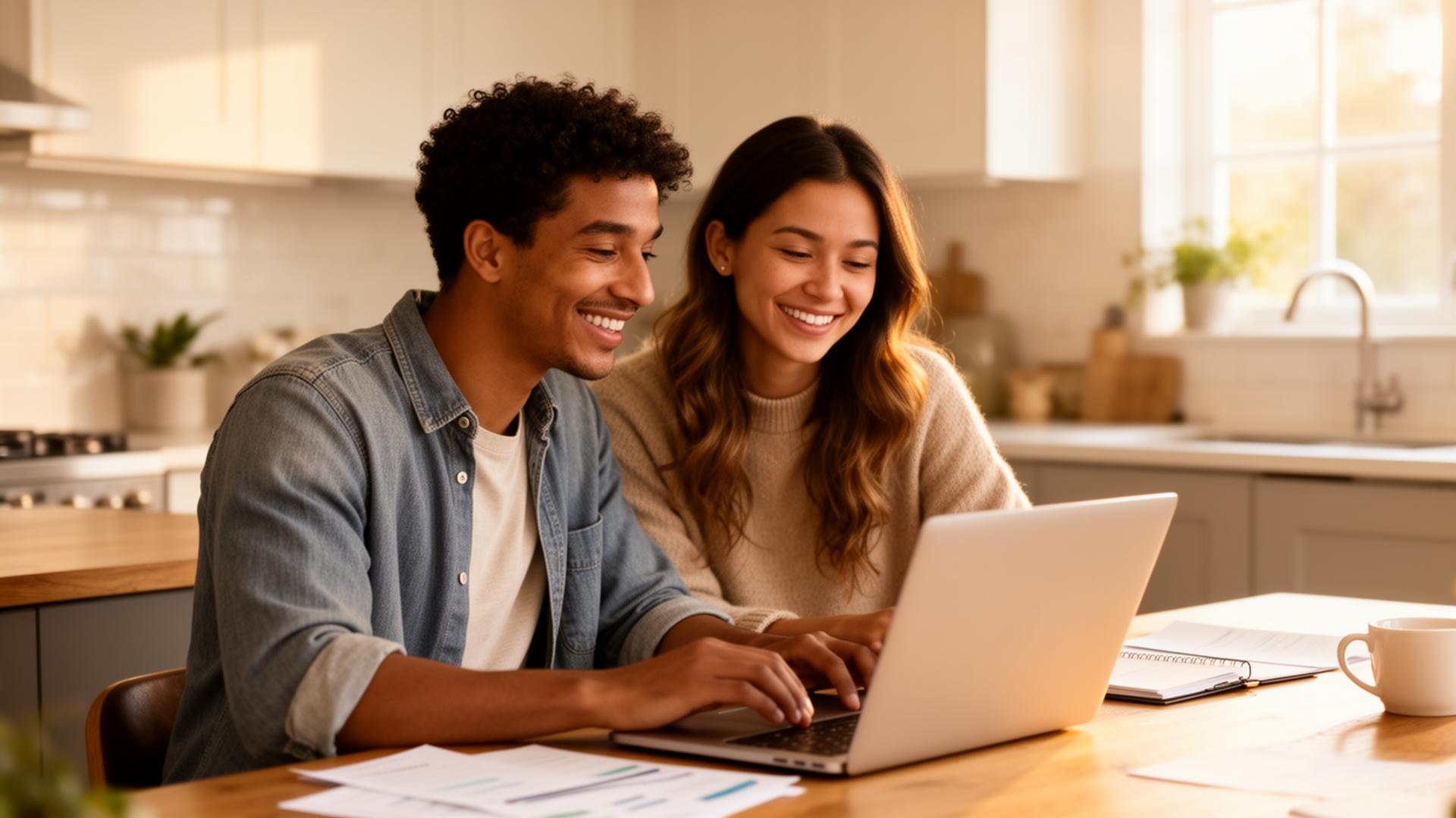 Couple reviewing loan options together on a laptop at home